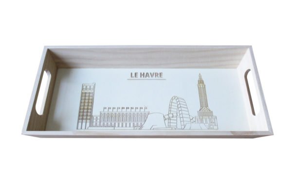 Boite en bois cadeaux personnalisée Le Havre Les BAM plateau gravé skyline